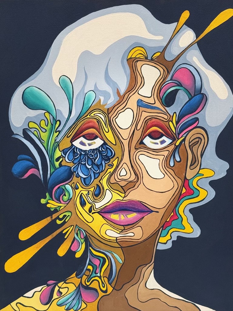 Surreal portrait with colorful organic forms